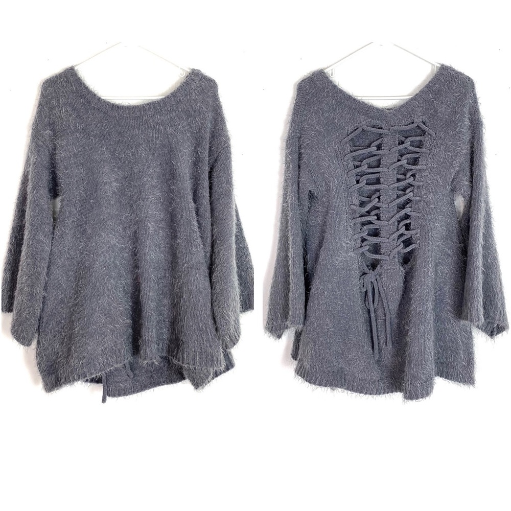 EUC POL Lace Up Back Super Soft Tunic Sweater Grey